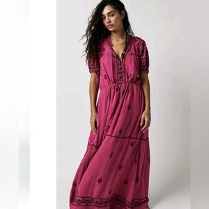 FREE PEOPLE RILEY EMBROIDERED MAXI DRESS SMOCK WAIST TIE, BUTTON DETAIL FUCHSIA